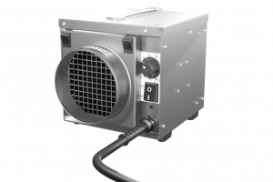 Ein Luftentfeuchter mit Edelstahlgehäuse, Kabelanschluss und Ventilator.